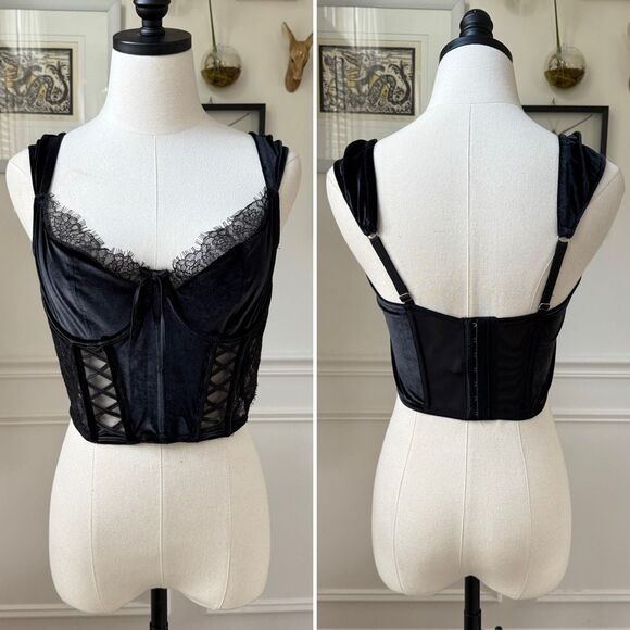 Victoria’s Secret Dream Angels Black Velvet Lace Corset Top $99 L - Picture 2 of 9